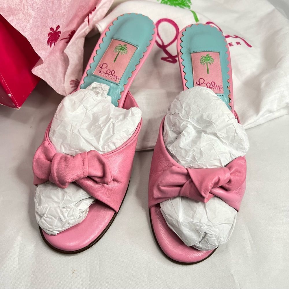 Lilly Pulitzer Women's Napa Sandals Slides Hibiscus Pink Leather Bow Kitten Heel - Picture 3 of 10